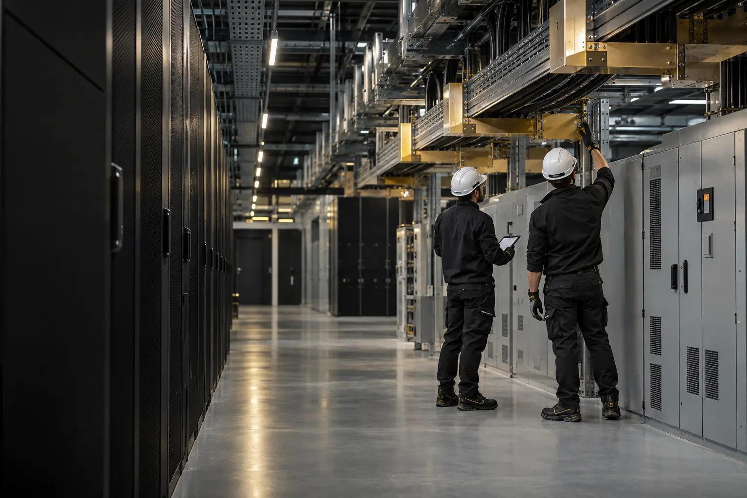 Electricians inspecting data centre electrical infrastructure